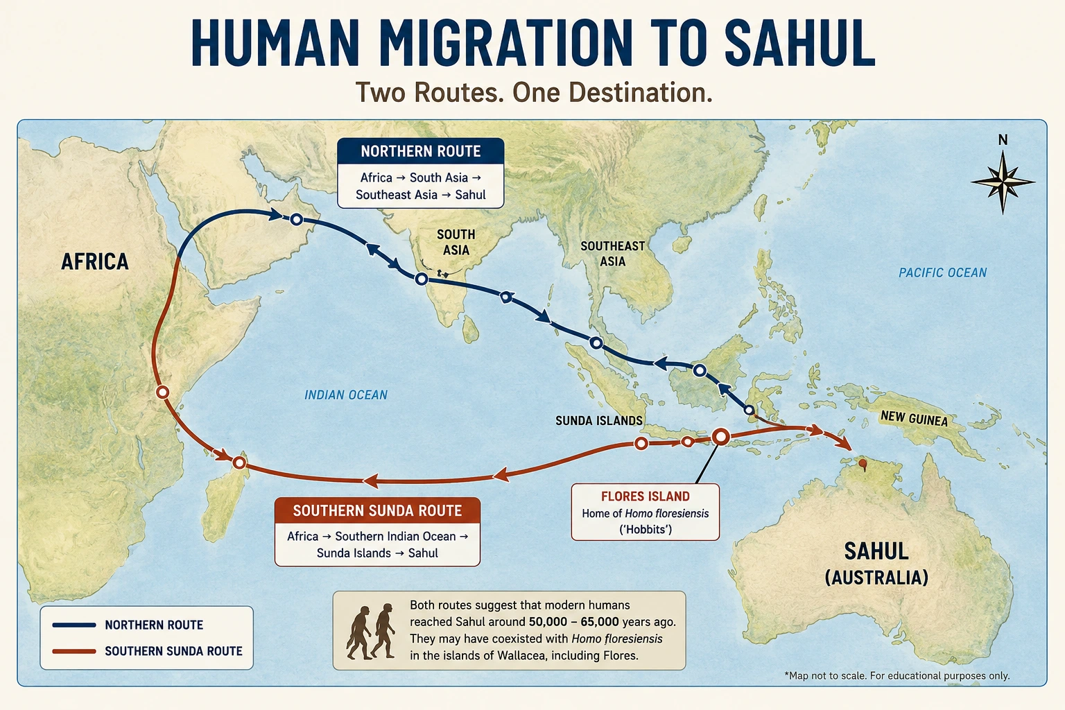 Map showing two human migration routes to Sahul - the Northern Route through South Asia and Southeast Asia, and the Southern Sunda Route through the Indian Ocean and Sunda Islands