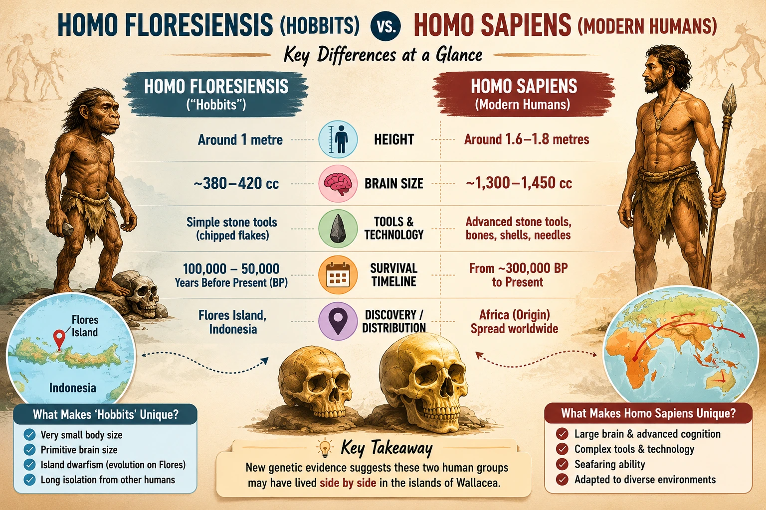 Visual comparison of Homo floresiensis and Homo sapiens showing key differences in height, brain size, tools, survival timeline, and distribution