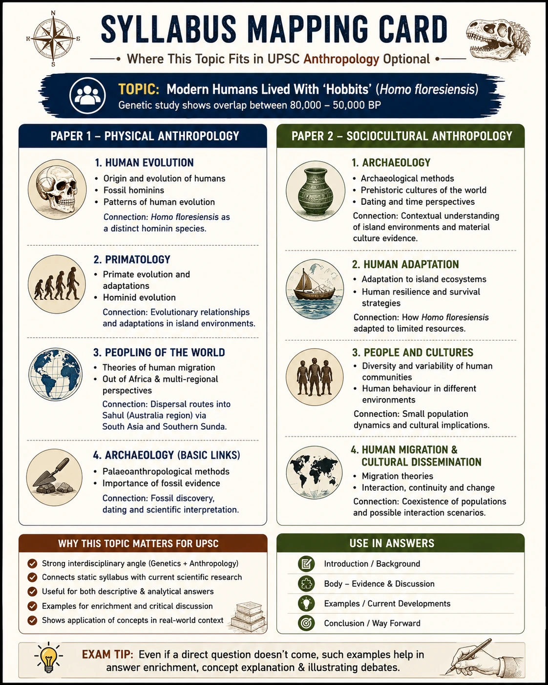 Detailed syllabus mapping card showing how Homo floresiensis and human migration topics connect to specific Paper 1 and Paper 2 sections of the UPSC Anthropology Optional syllabus