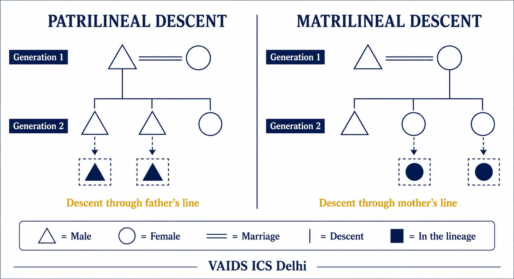 Kinship descent diagram showing patrilineal and matrilineal systems for UPSC Anthropology