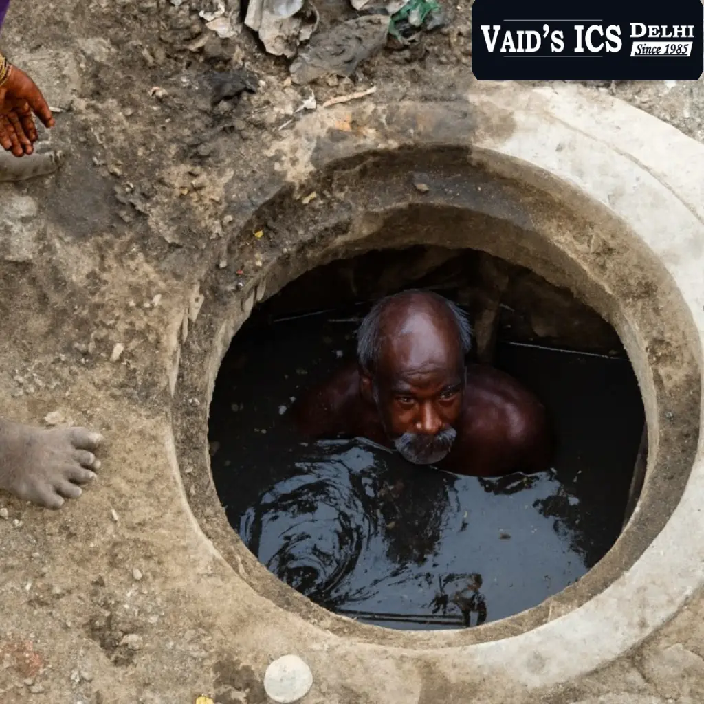 Conceptual image of protective sanitation equipment beside a symbol of justice, representing dignity of sanitation labour and social justice in India.