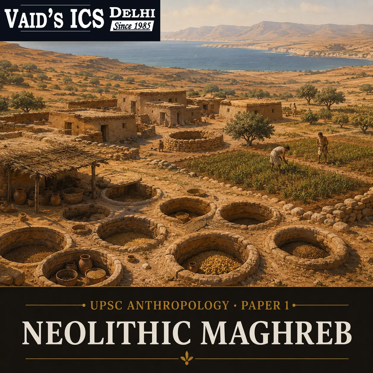 Illustration of an early Neolithic farming settlement with storage pits on a North African plateau, representing Oued Beht and Maghreb prehistory.