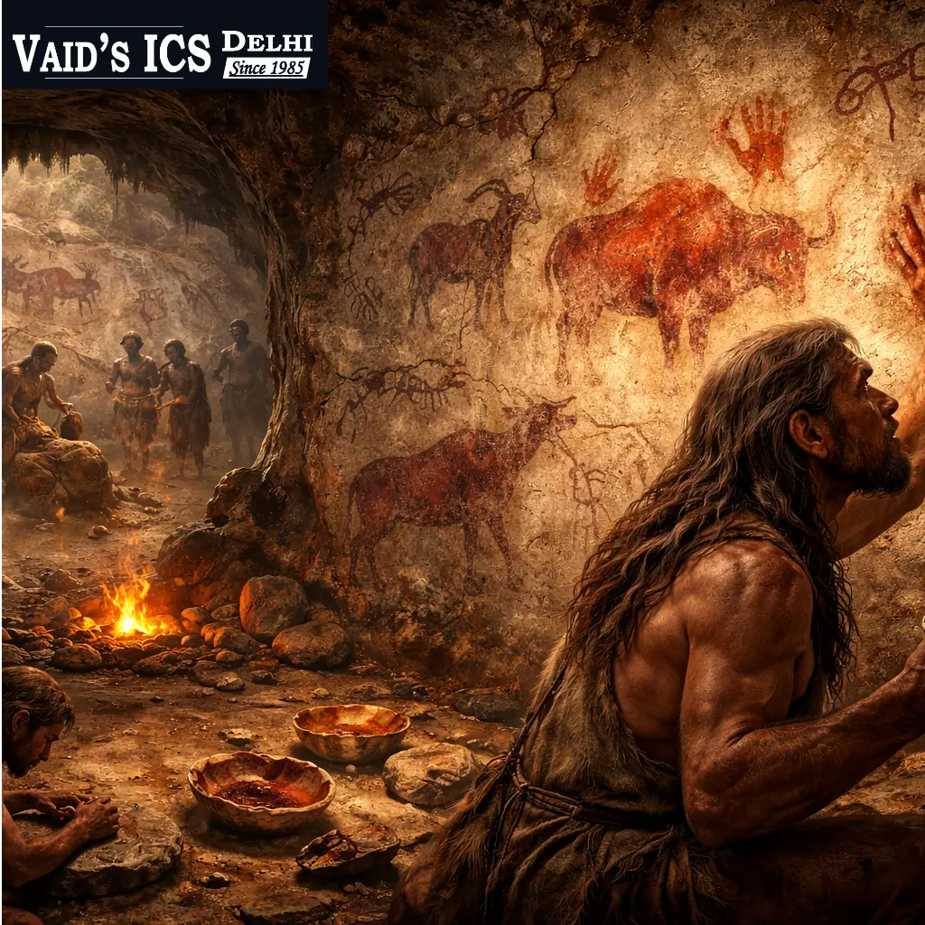 Ancient cave wall with ochre hand stencils and geometric signs representing the world's oldest cave paintings and Neanderthal symbolic behaviour.