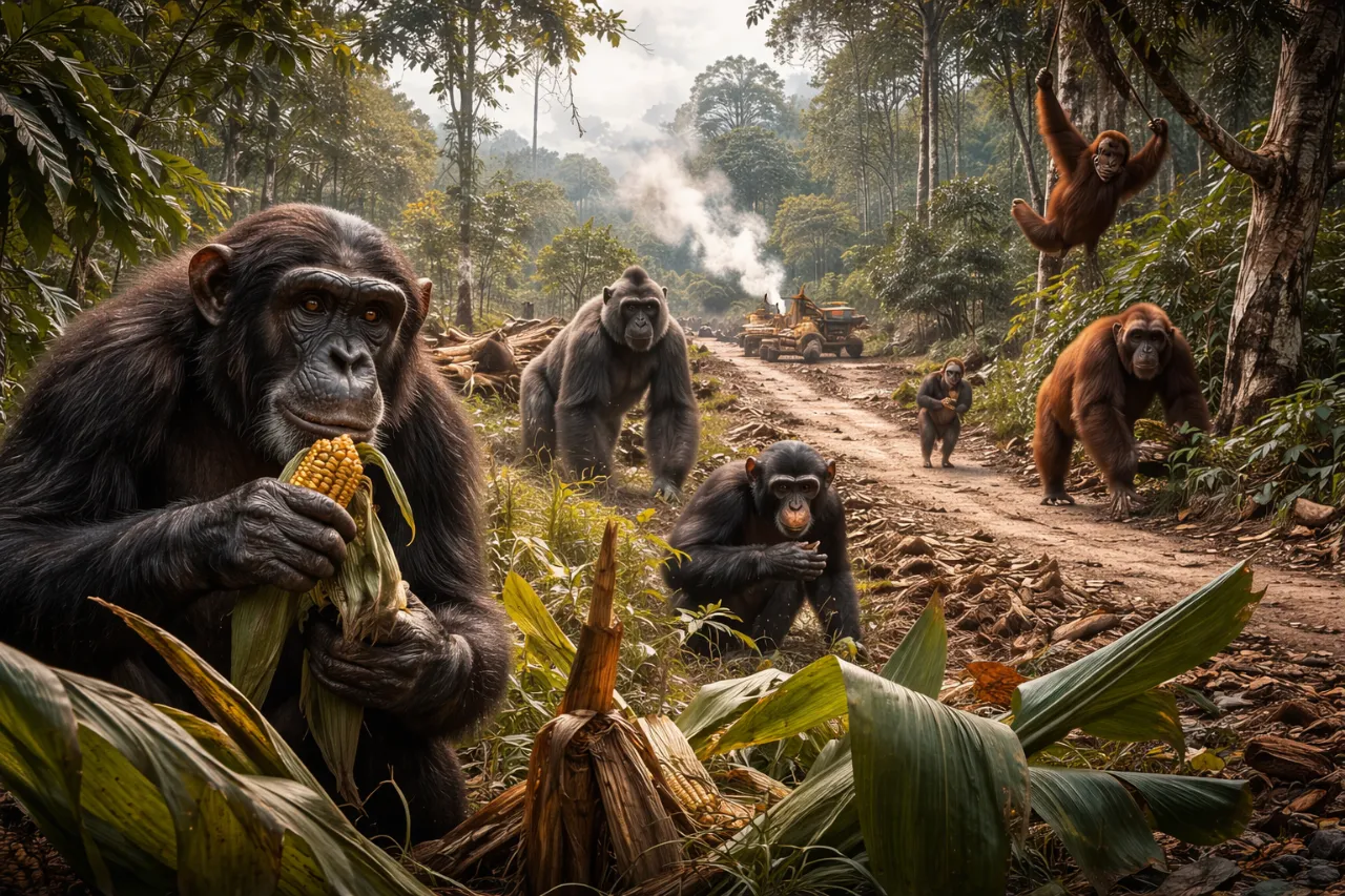 Great apes foraging near a human-altered landscape, illustrating behavioural change under human disturbance