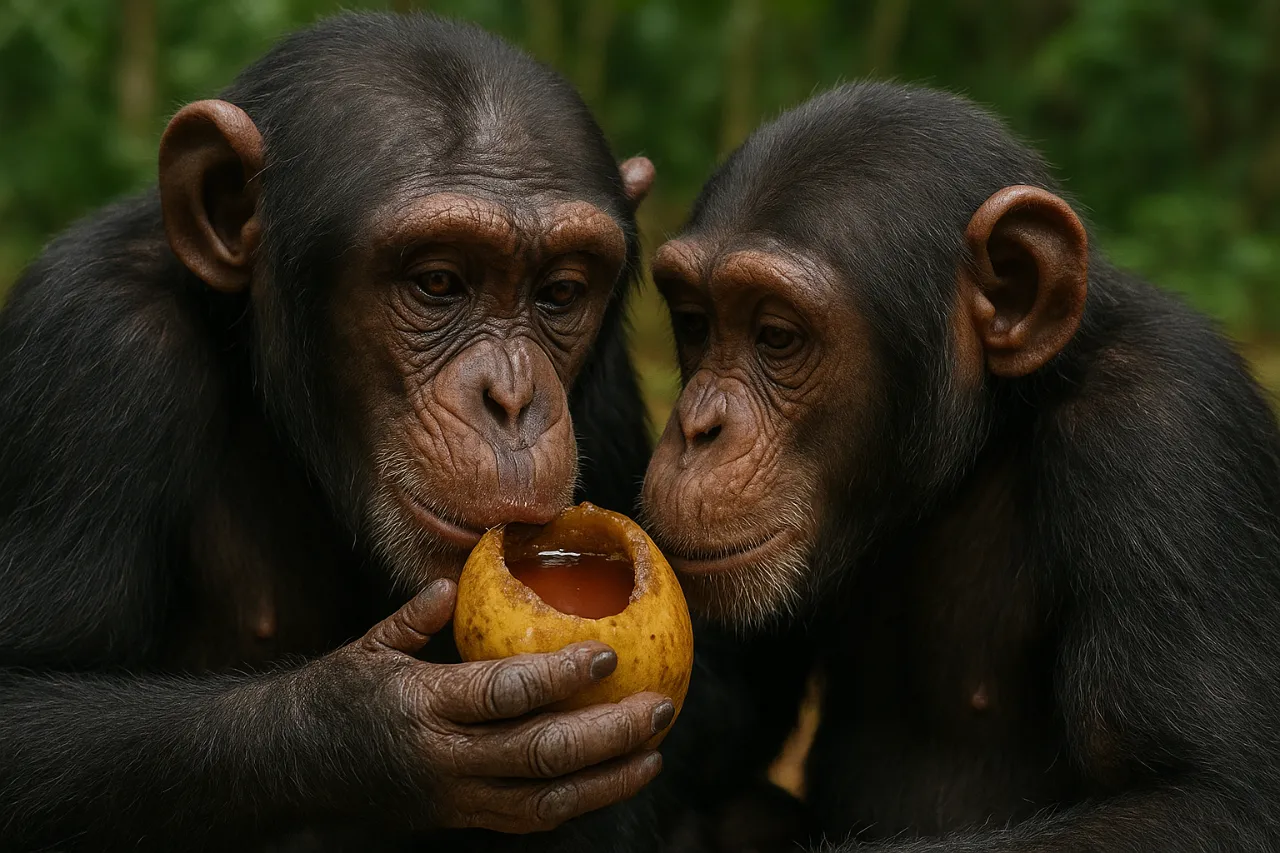 Chimpanzees sharing fermented fruit, associated with social bonding