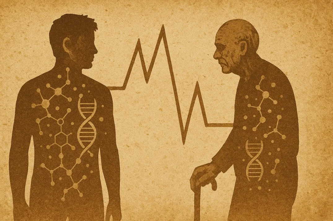 Illustration of the human ageing process showing two sharp molecular peaks across the lifespan