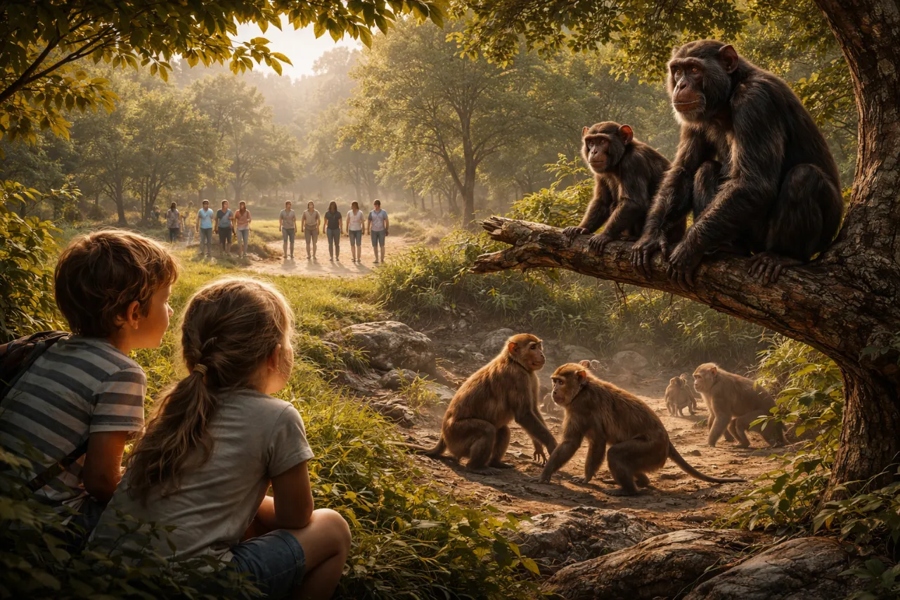 A primate closely watching others, showing social attention or people-watching behaviour