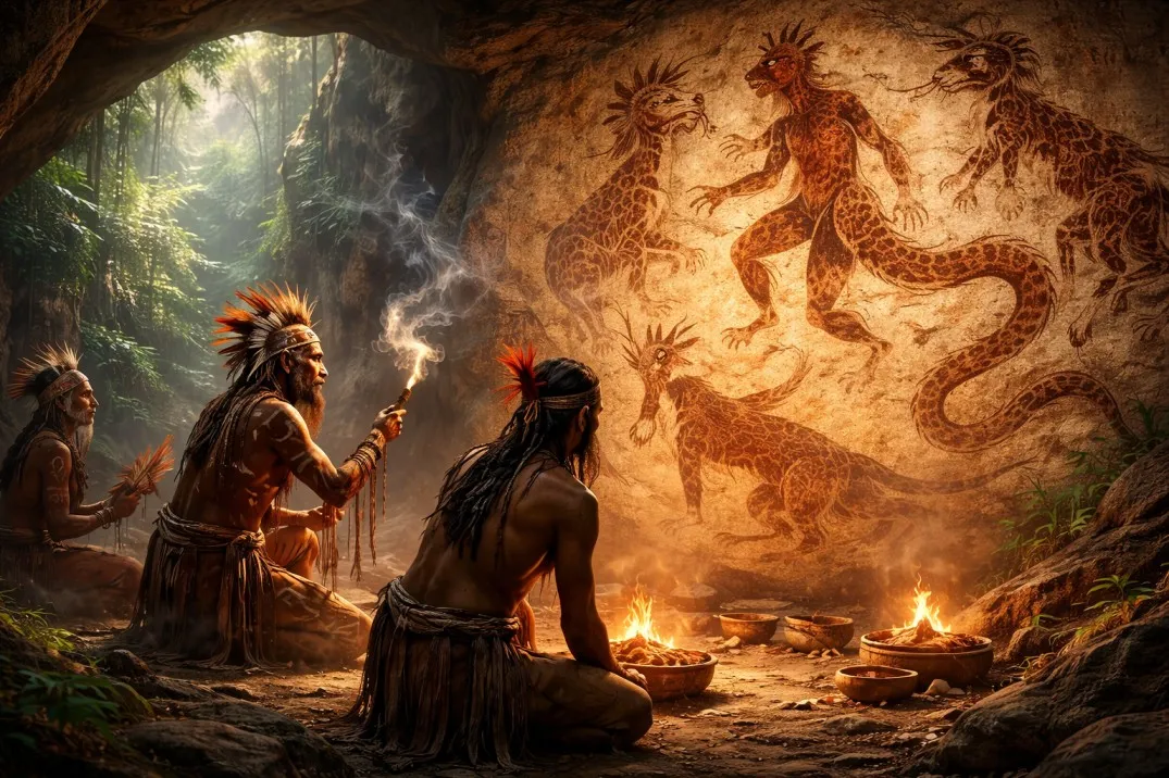 Ancient rock art at Serrania de la Lindosa, Colombia, interpreted as shamans transforming into animals