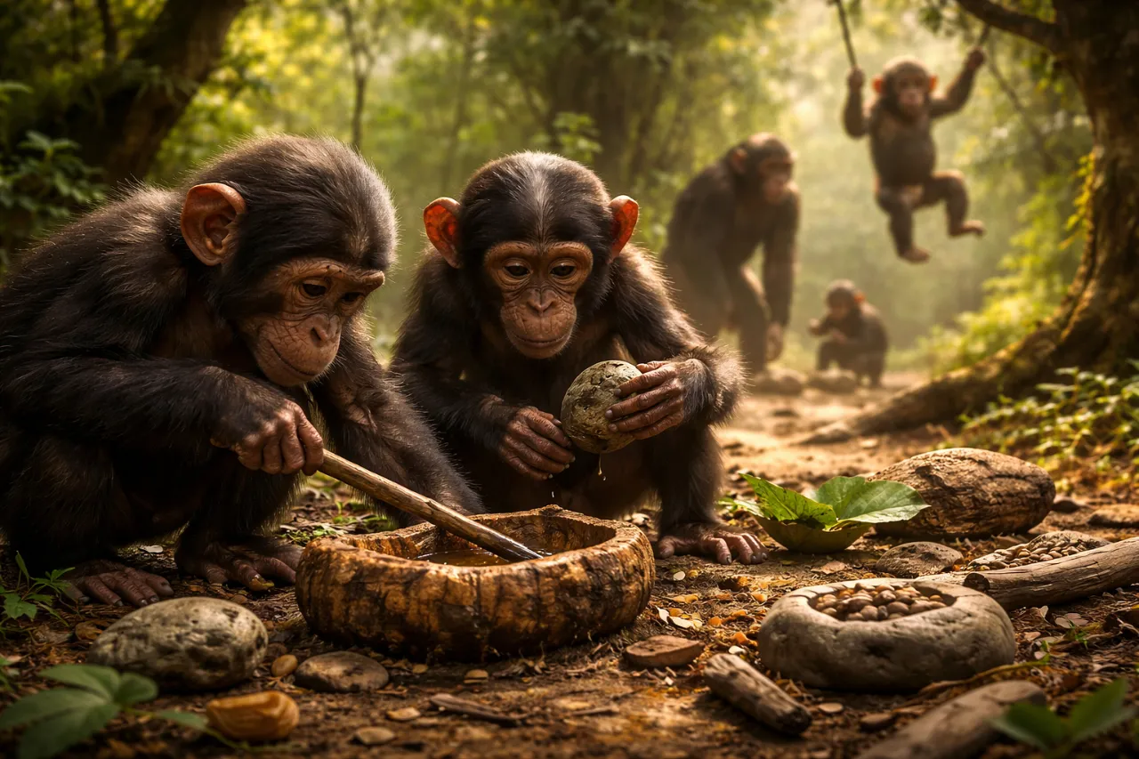 Young chimpanzees at play, illustrating how play drives innovation and cultural transmission in primates